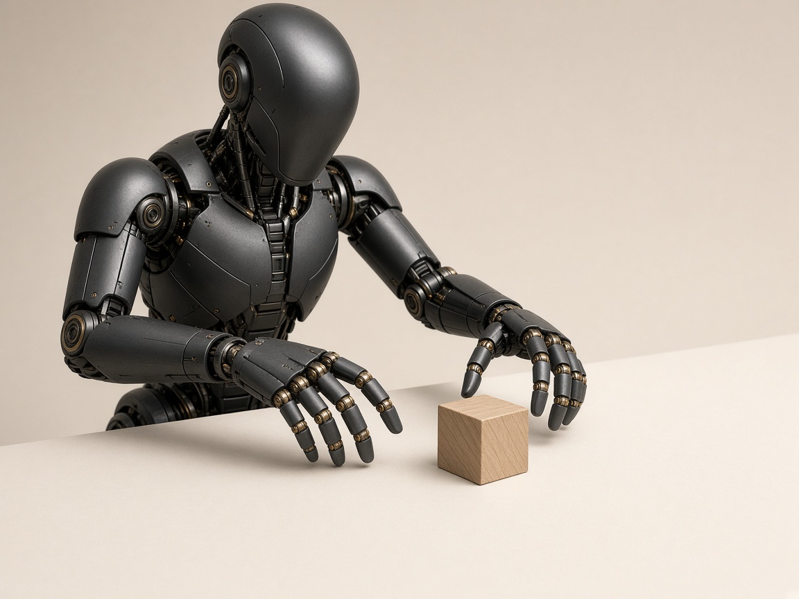 A humanoid manipulating a wooden cube.