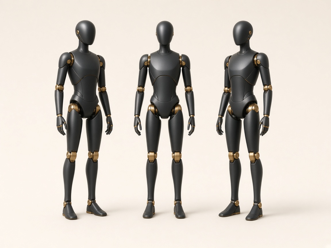 Three graphite and gold humanoid robots.