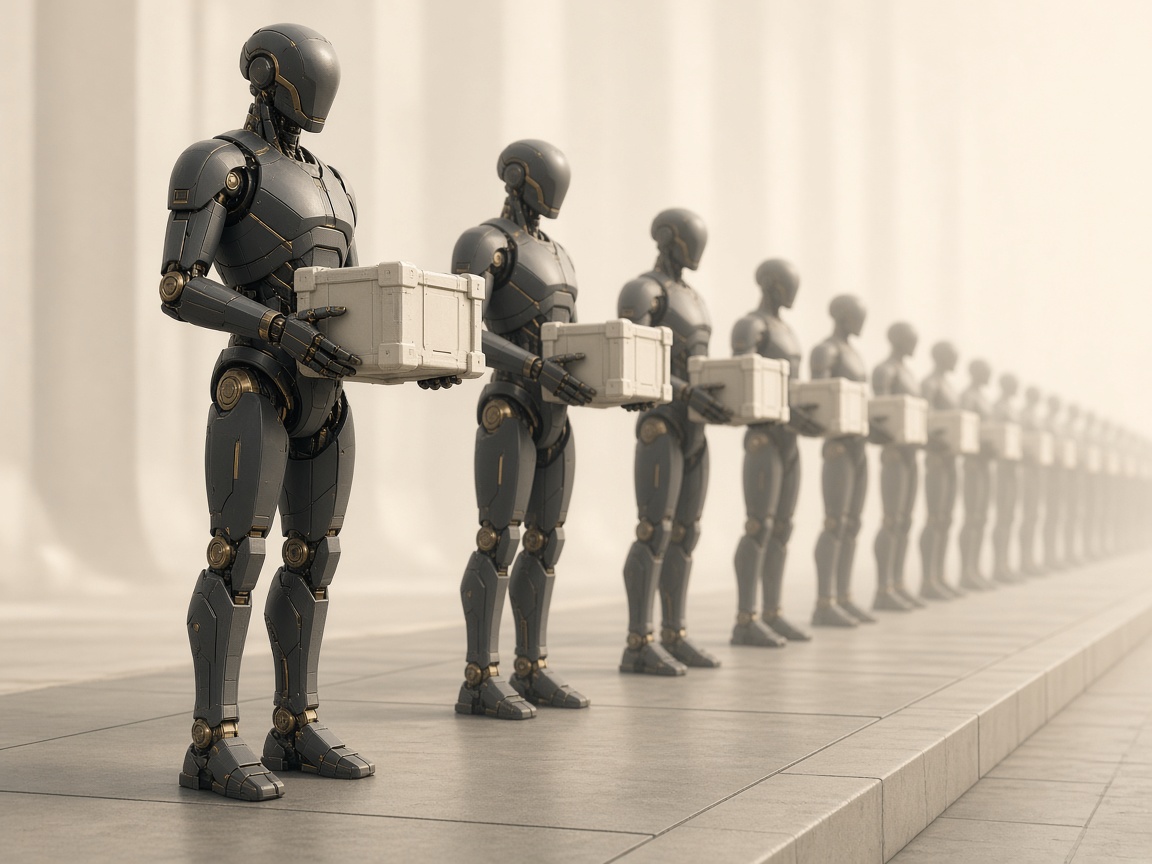 A factory humanoid among a receding line of others.
