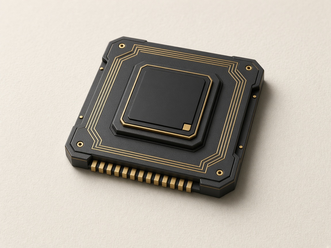 A graphite and gold AI accelerator on cream paper.