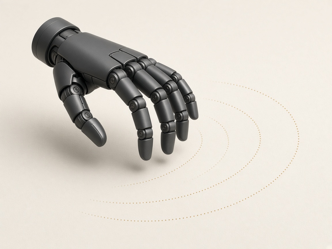 A robot hand with gold simulated motion paths.