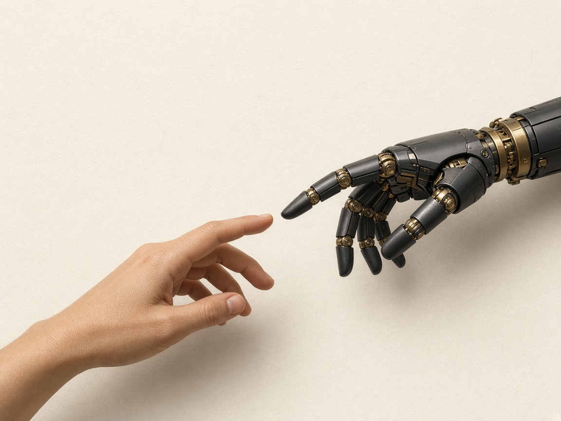 A human hand and a robot hand in a teaching moment.