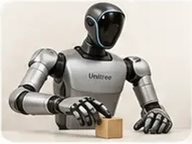 A humanoid robot demonstrating manipulation with a wooden cube.