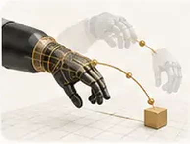 A simulated robot hand and gold movement trajectories.